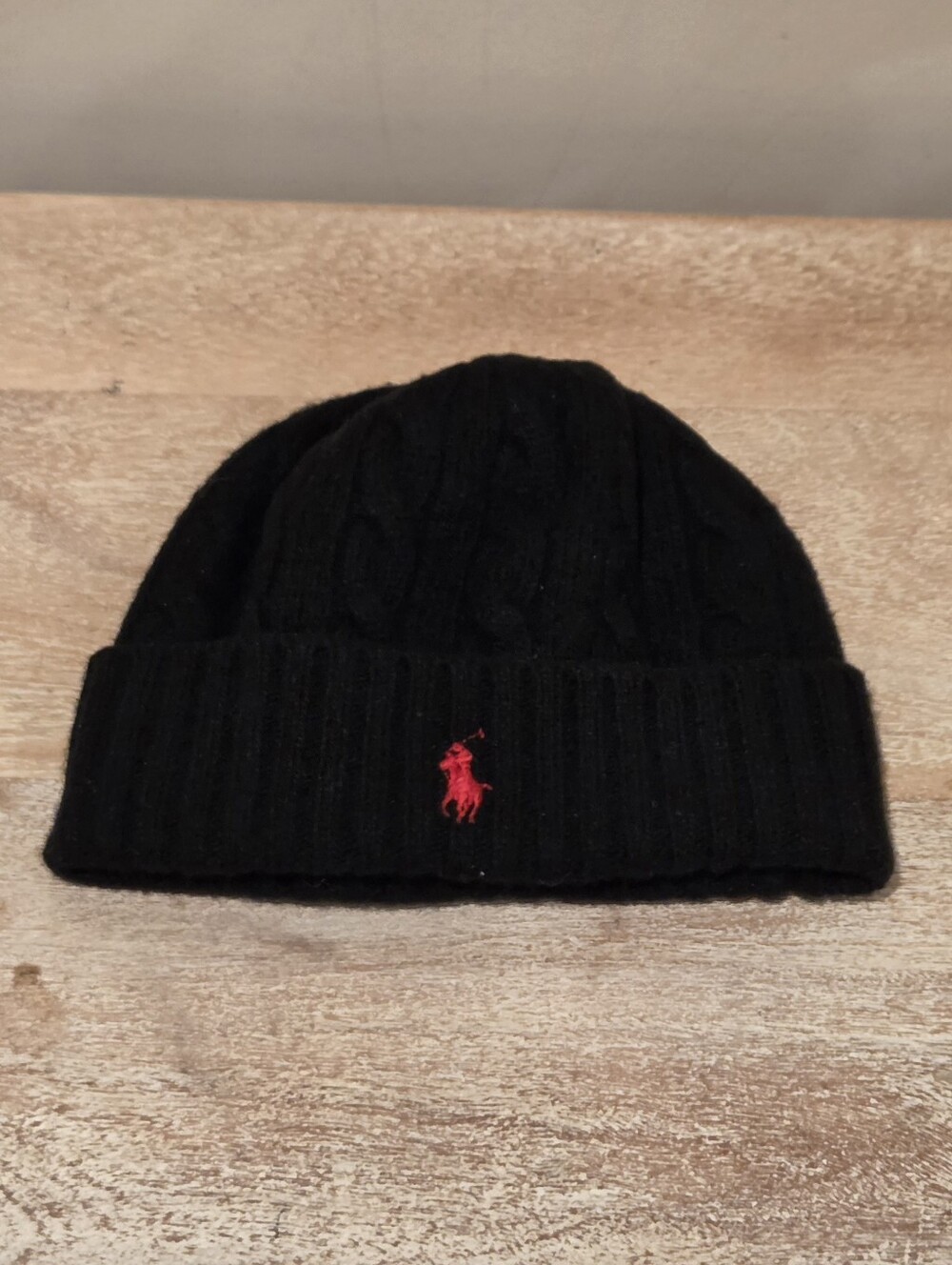 Polo Ralph Lauren Wool Cable Knit Beanie Hat Black w/ Red Pony